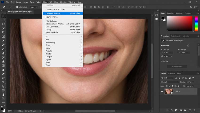 Open Camera Raw Filter in Photoshop