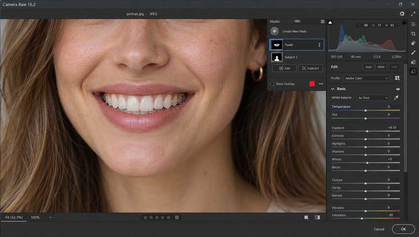 Reduce yellow and lift teeth brightness in Camera Raw