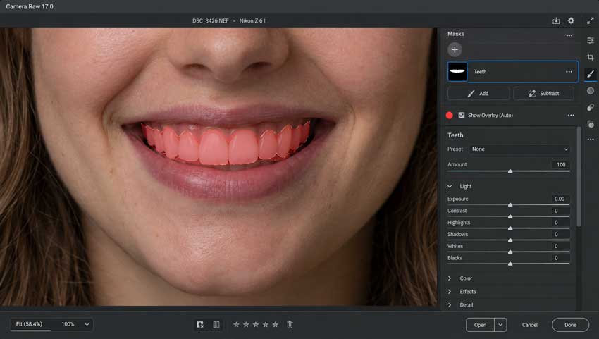 Inspect and refine the teeth mask around the mouth in Camera Raw
