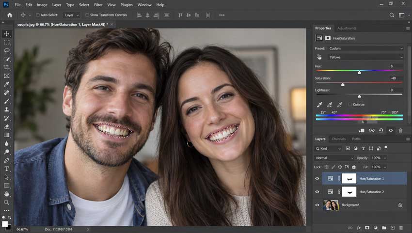 Whiten teeth for multiple people with separate masks in Photoshop