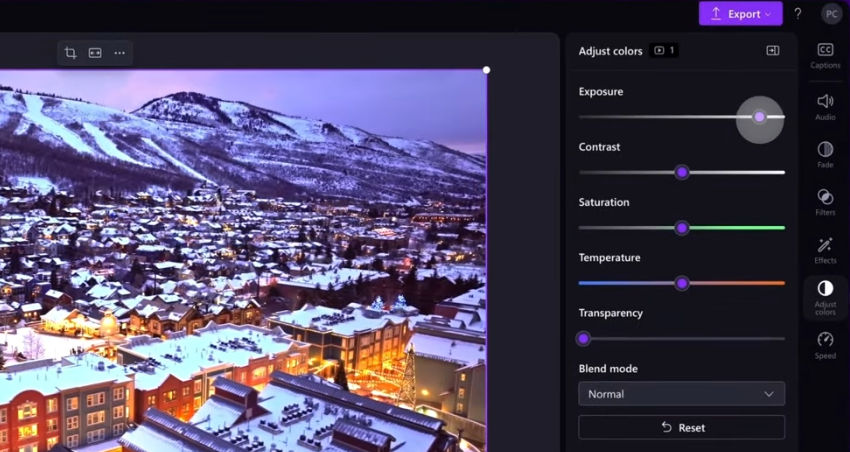 Brighten a video in Clipchamp by dragging exposure slider