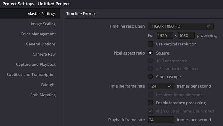 Davinci Resolve adjust project settings