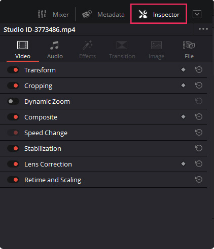 DaVinci Resolve Inspector