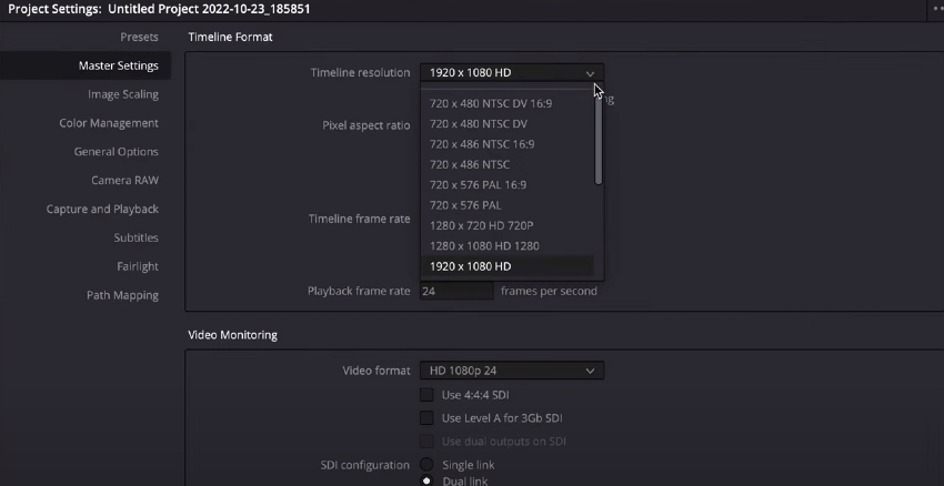 DaVinci Resolve Master Settings - Timeline Format