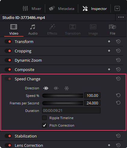 DaVinci Resolve Speed Change