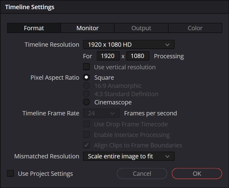 DaVinci Resolve Timeline Settings