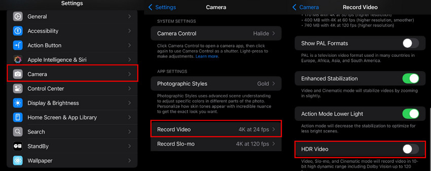 Turn off HDR video recording on iPhone