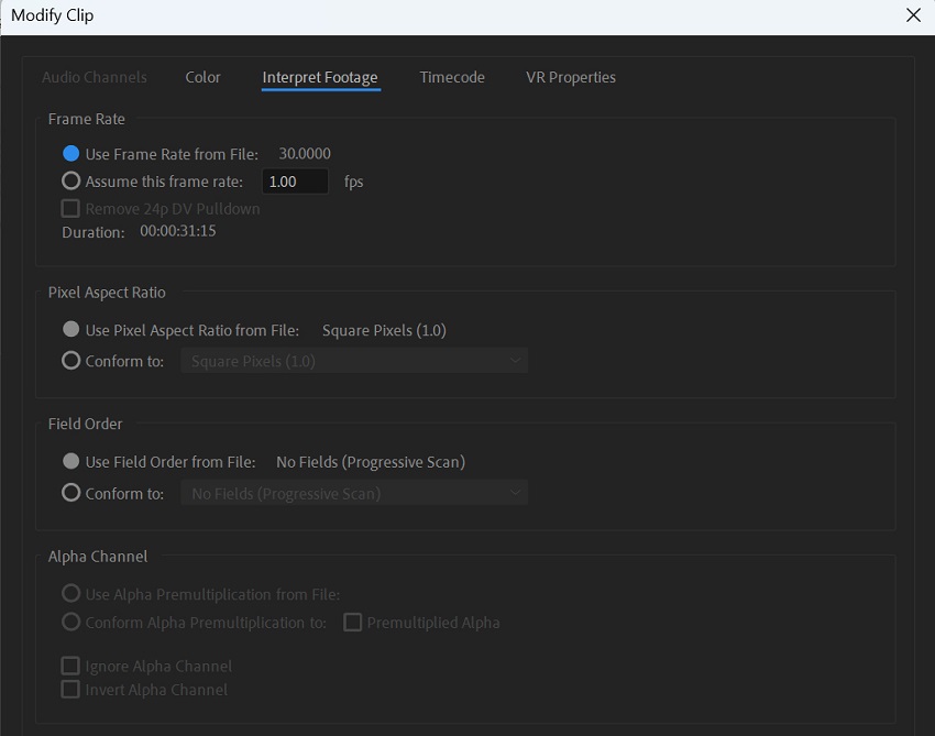 Aobe Premiere Pro Modify Clip (Interpret Footage) dialog box