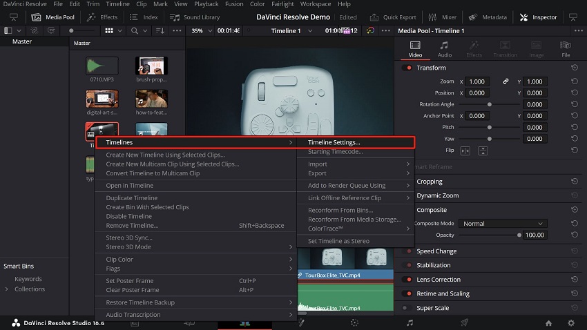 open DaVinci Resolve Timeline Settings