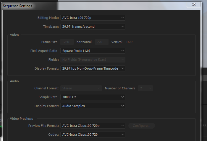 Aobe Premiere Pro Sequence Settings box