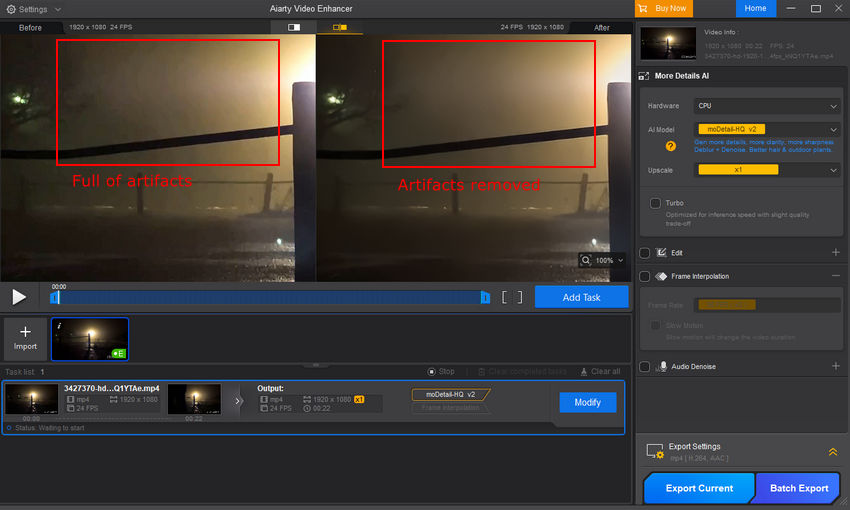 Enhance brighted video with Aiarty