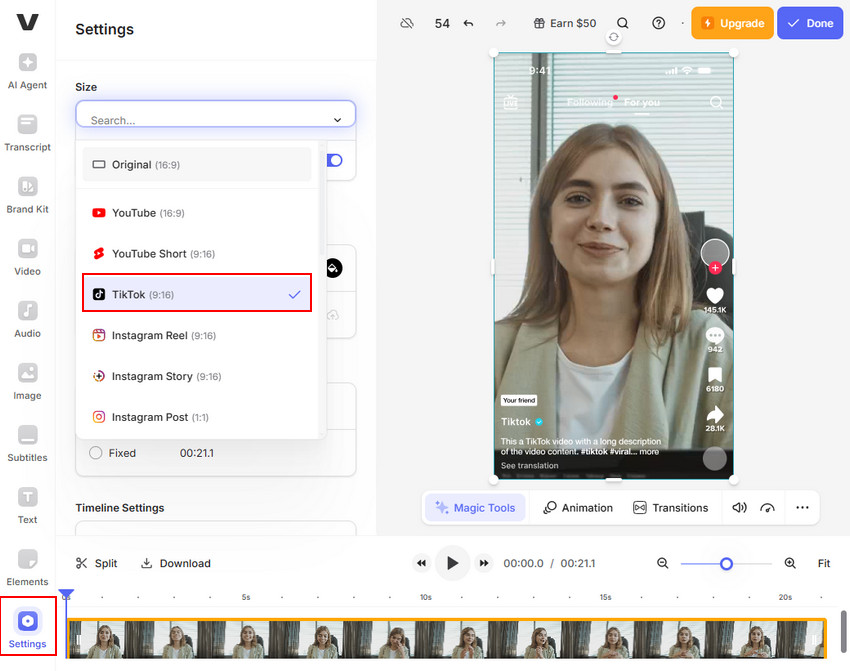 Resize video for TikTok online with VEED