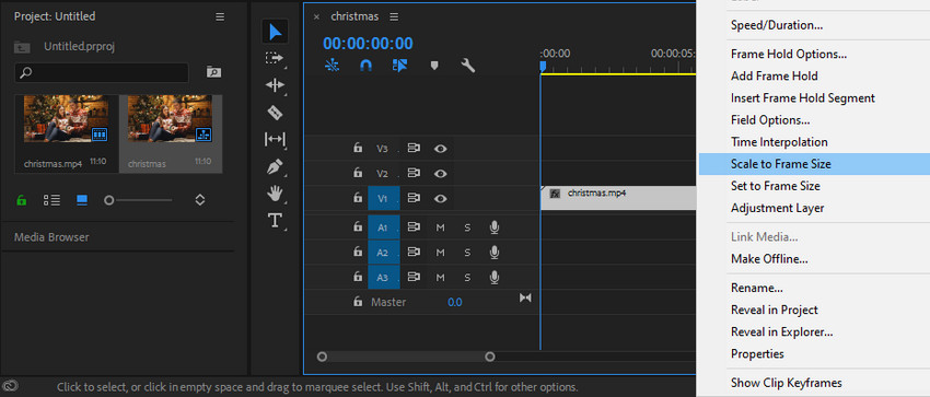 Resize video in Premiere Pro using Scale to Frame Size