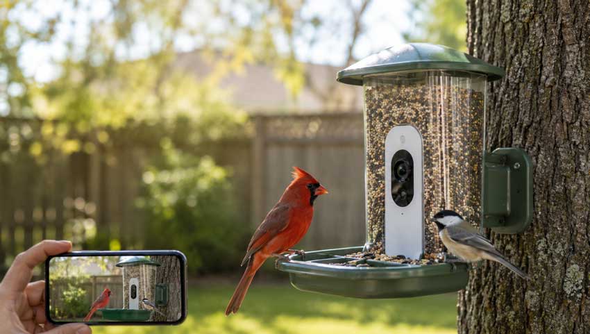 Smart bird feeder with camera for backyard bird watching