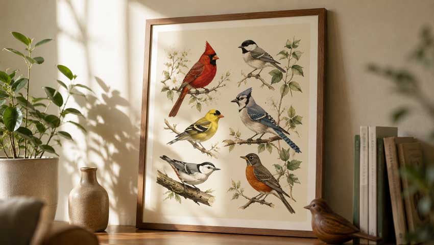 Framed bird art print poster in a cozy room