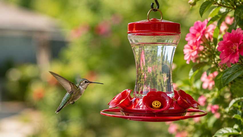 Hummingbird feeder in a colorful backyard garden