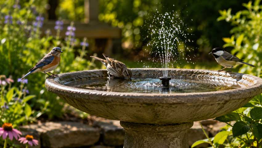 Bird bath with solar bubbler in a sunny garden