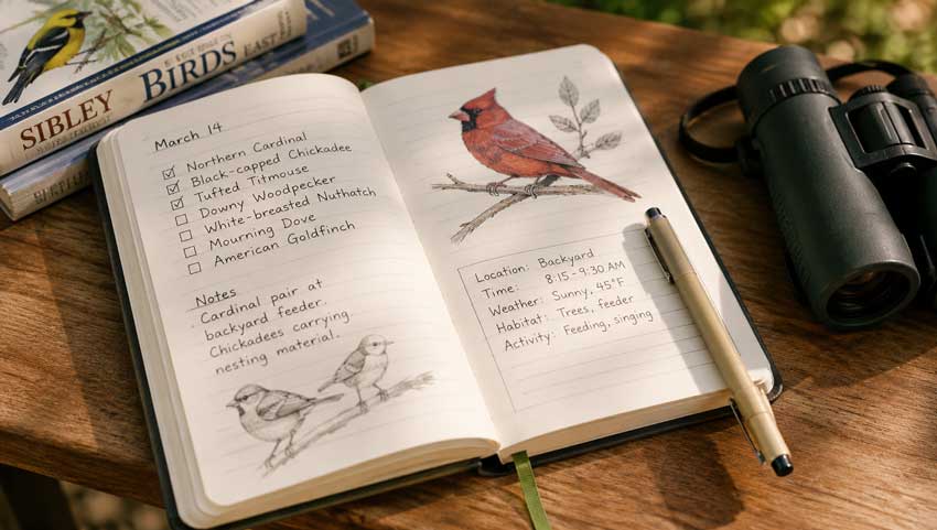 Birding journal and life list notebook with binoculars