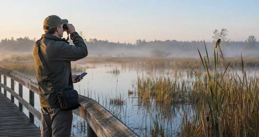 Professional birder using binoculars and a birdwatching app at a wetland