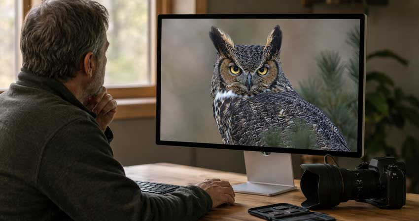 Wildlife photographer reviewing an enhanced Great Horned Owl photo