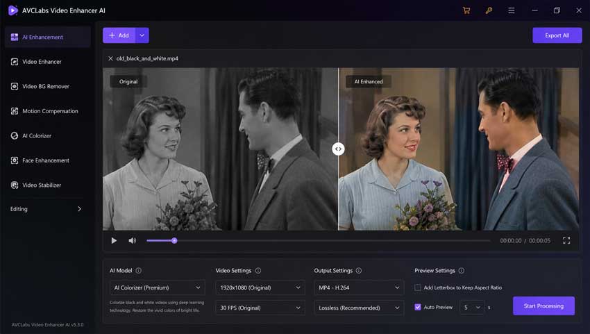 AVCLabs Video Enhancer AI Colorizer interface