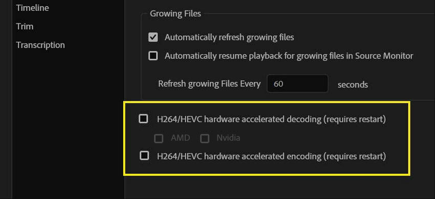 uncheck H.264/HEVC hardware-accelerated decoding and encoding