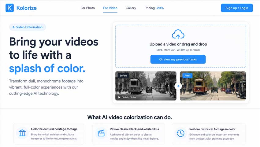 Kolorize AI video colorization interface
