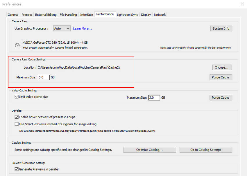 Increase the Lightroom Camera Raw Cache