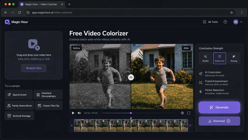 Magic Hour AI Video Colorizer interface