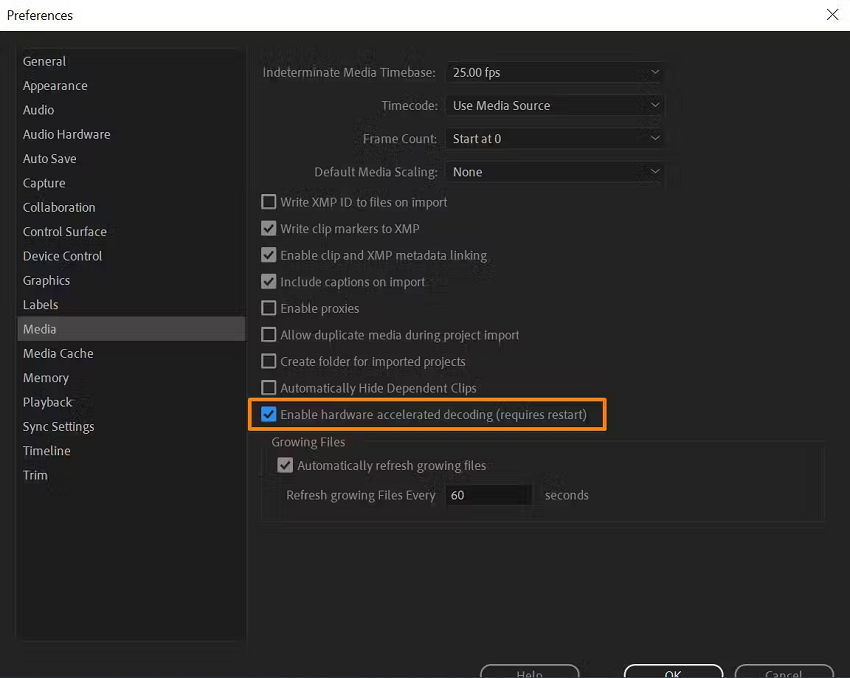 Premiere Pro enable hardware accelerated decoding