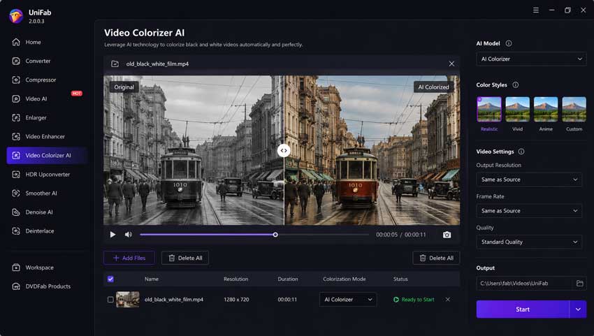 UniFab Video Colorizer AI interface