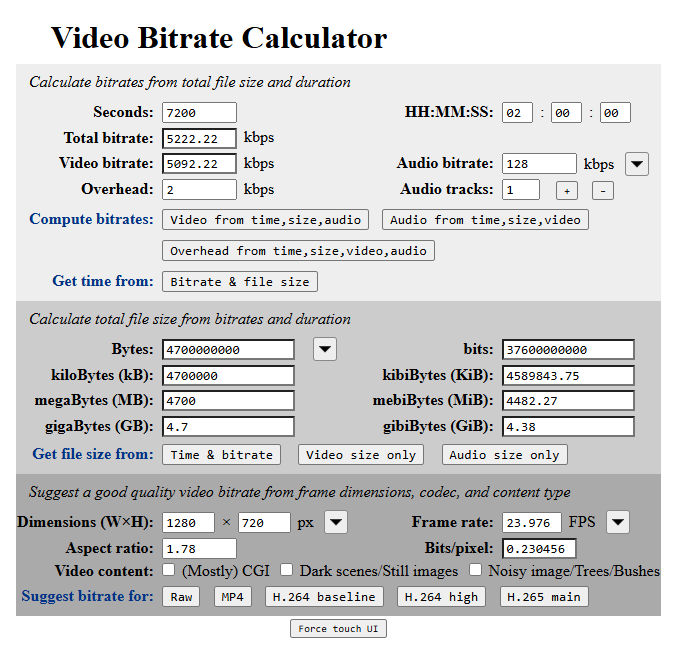 Video bitrate calculator