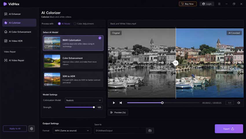 VidHex AI Video Colorizer interface