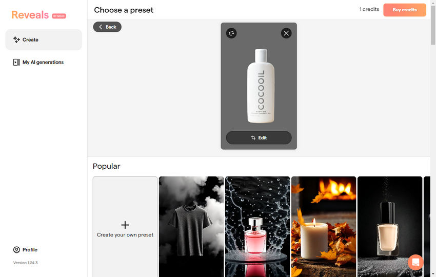 Select preset for product photo