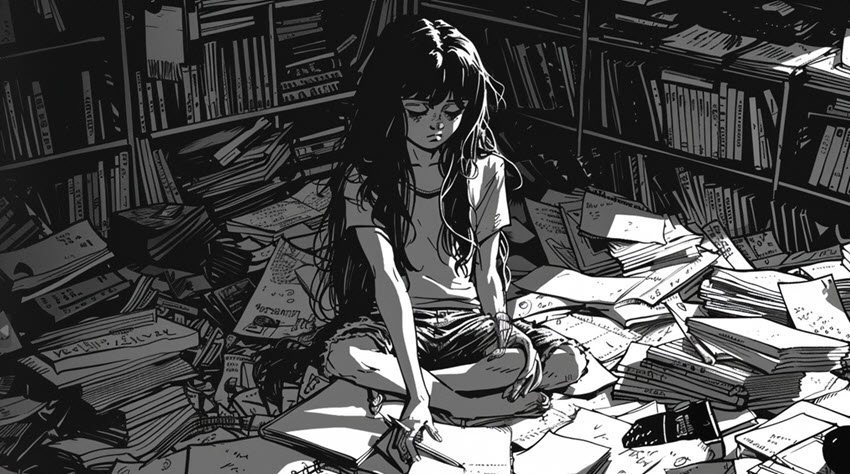 Midjourney Comic Book BW Sad Girl