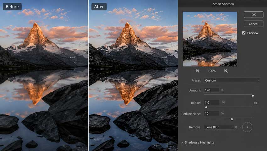 Use Photoshop Smart Sharpen to improve slightly soft photos
