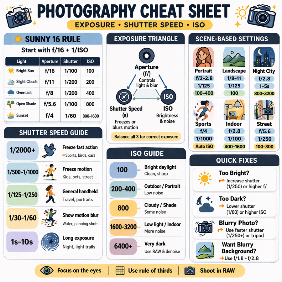 DSLR	photography settings cheat sheet