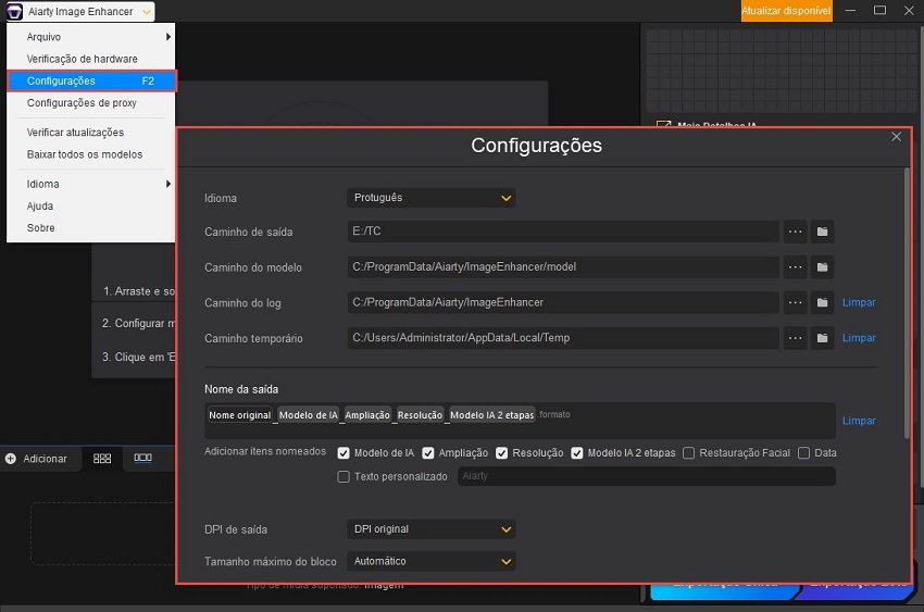 Aiarty Image Enhancer Configurações Gerais